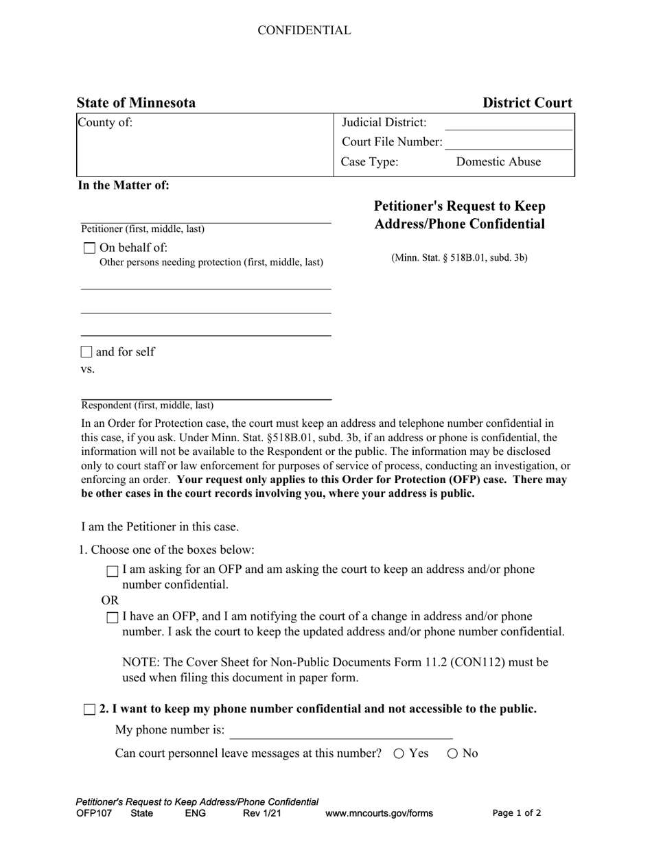 Form OFP107 Petitioners Request to Keep Address / Phone Confidential - Minnesota, Page 1