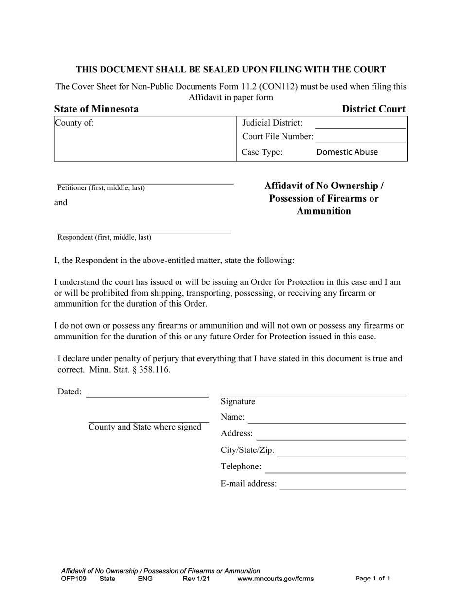 Form OFP109 Affidavit of No Ownership / Possession of Firearms or Ammunition - Minnesota, Page 1