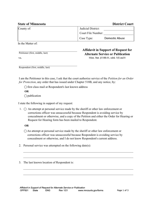 Form OFP501 Affidavit in Support of Request for Alternate Service or Publication - Minnesota