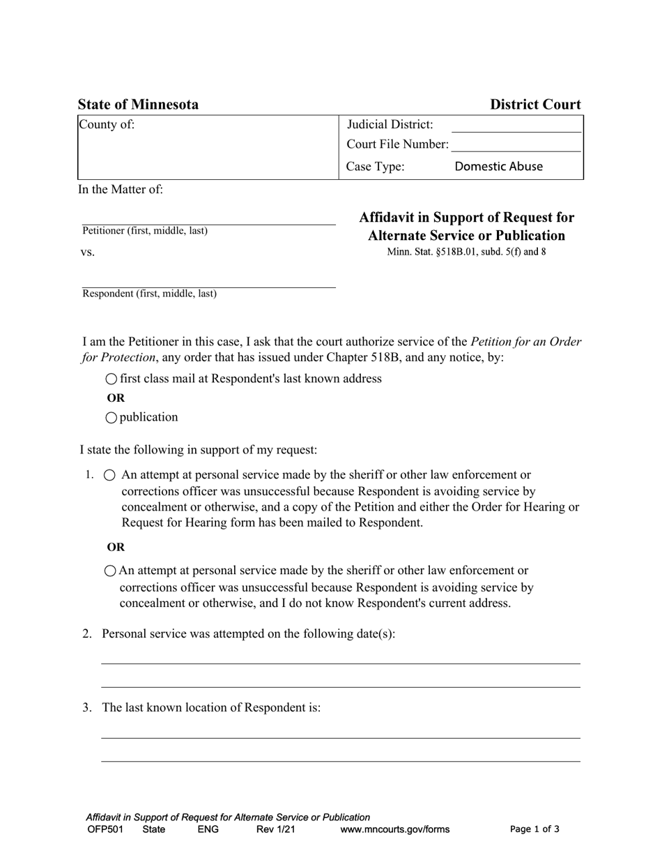 Form OFP501 Affidavit in Support of Request for Alternate Service or Publication - Minnesota, Page 1