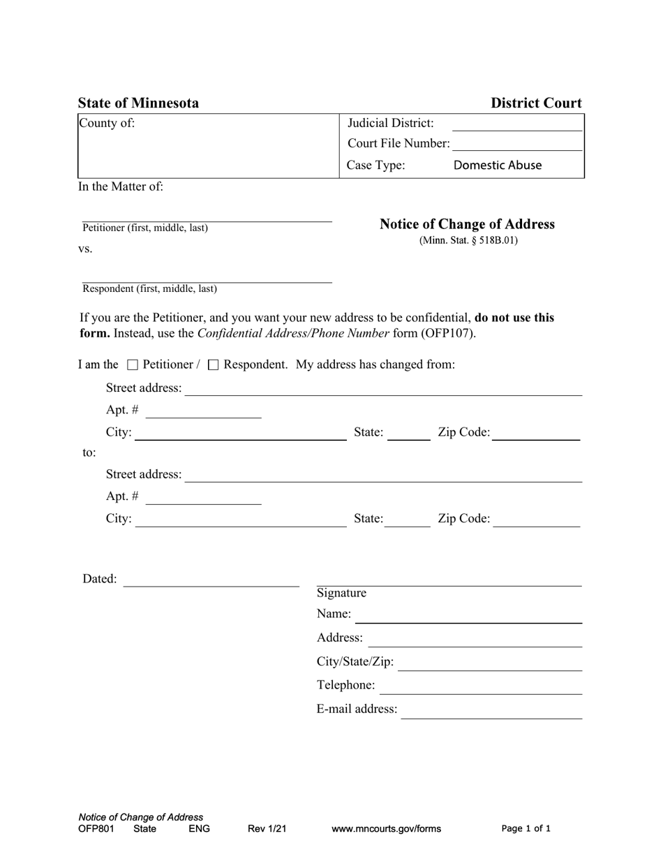 Form OFP801 Notice of Change of Address - Minnesota, Page 1