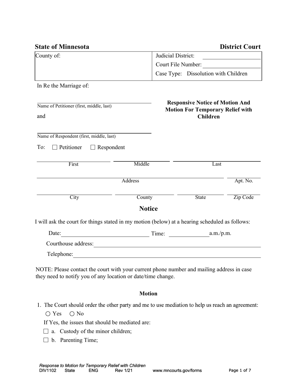 Form DIV1102 Responsive Notice of Motion and Motion for Temporary Relief With Children - Minnesota, Page 1
