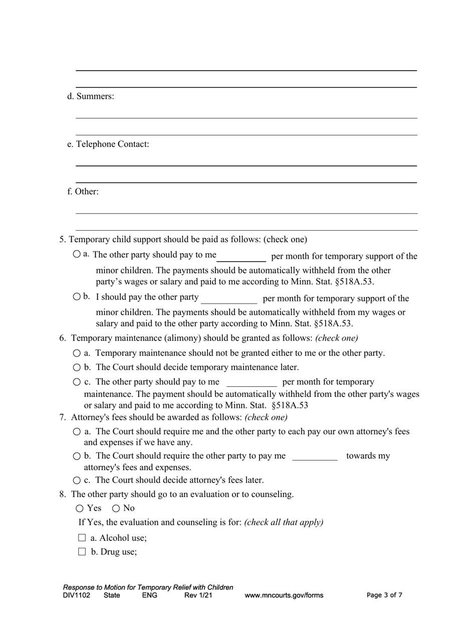 Form DIV1102 Responsive Notice of Motion and Motion for Temporary Relief With Children - Minnesota, Page 3