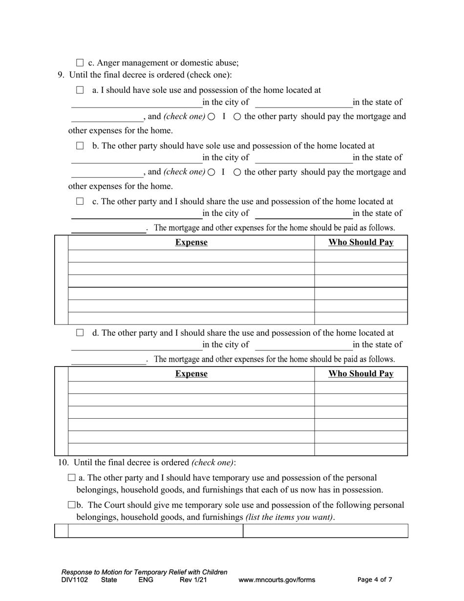 Form DIV1102 Responsive Notice of Motion and Motion for Temporary Relief With Children - Minnesota, Page 4