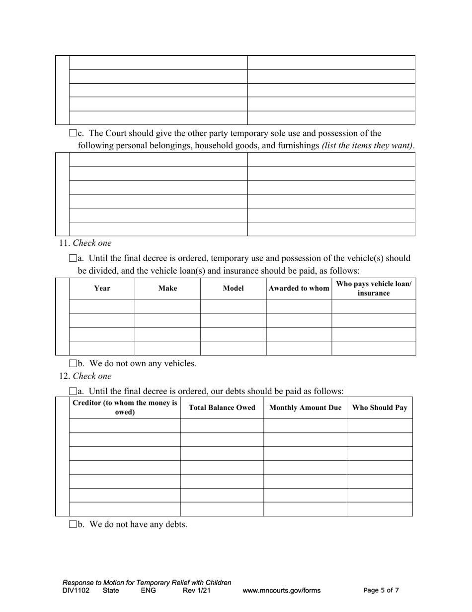Form DIV1102 Responsive Notice of Motion and Motion for Temporary Relief With Children - Minnesota, Page 5