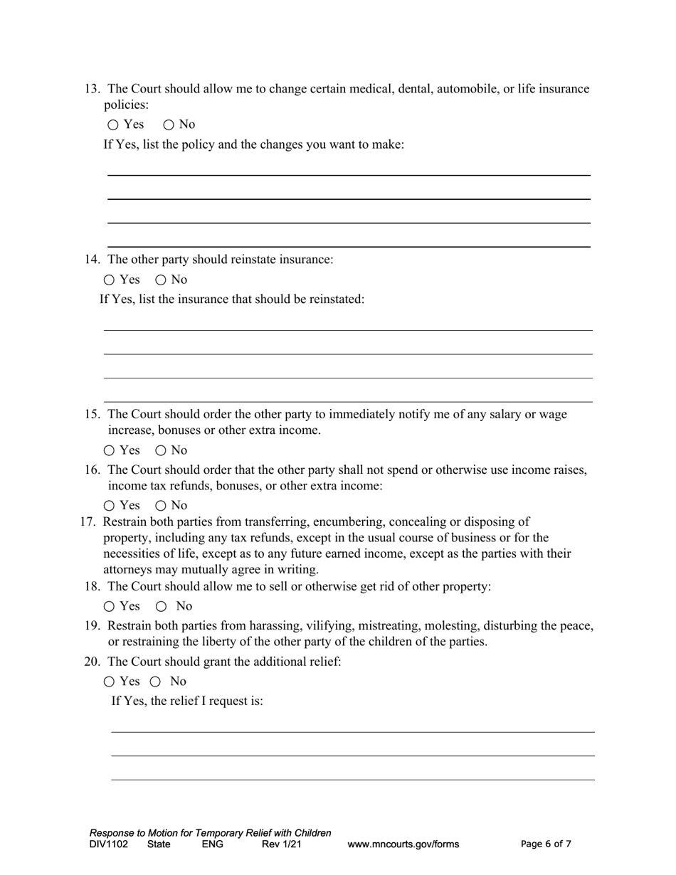 Form DIV1102 Responsive Notice of Motion and Motion for Temporary Relief With Children - Minnesota, Page 6