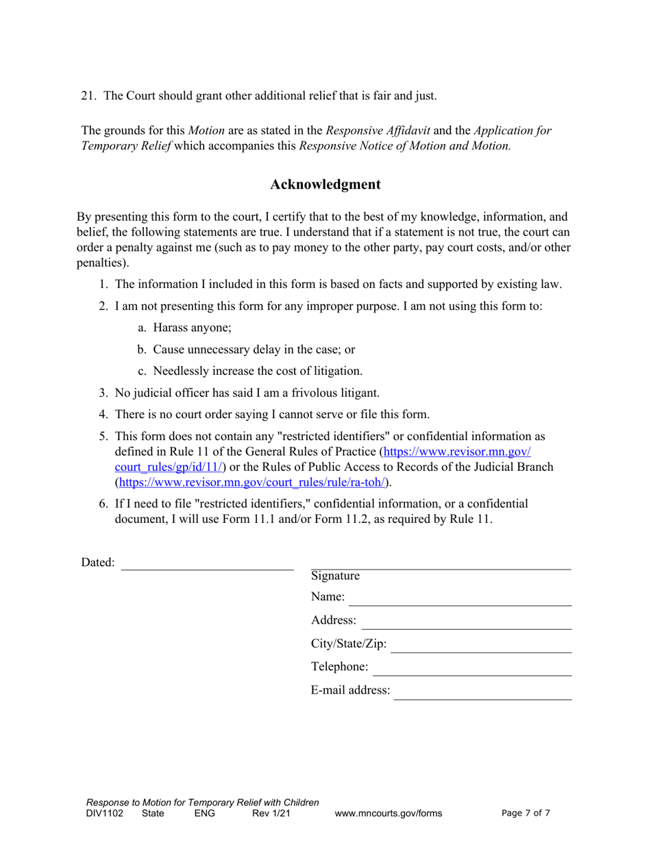 Form DIV1102 Responsive Notice of Motion and Motion for Temporary Relief With Children - Minnesota, Page 7
