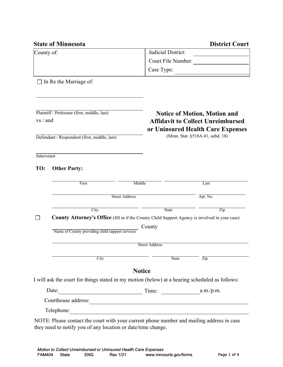 Form FAM404 Notice of Motion, Motion and Affidavit to Collect Unreimbursed or Uninsured Health Care Expenses - Minnesota, Page 1