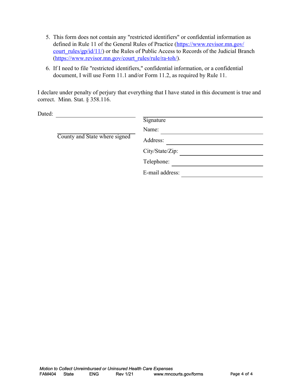Form FAM404 Notice of Motion, Motion and Affidavit to Collect Unreimbursed or Uninsured Health Care Expenses - Minnesota, Page 4