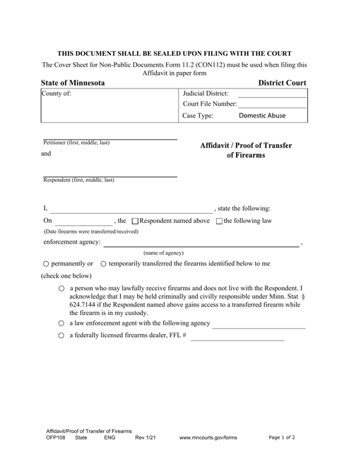 Form OFP108 Affidavit/Proof of Transfer of Firearms - Minnesota