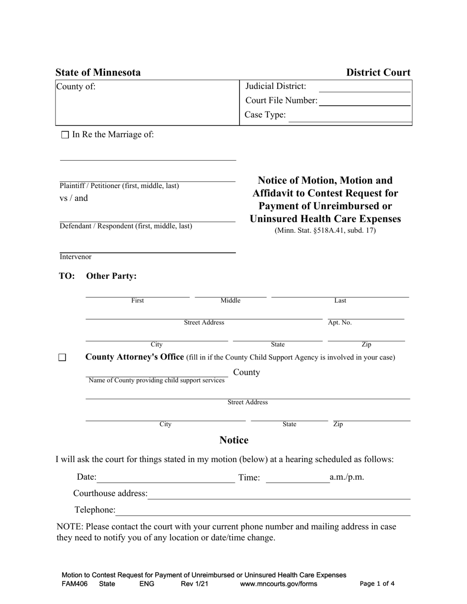 Form FAM406 Notice of Motion, Motion and Affidavit to Contest Request for Payment of Unreimbursed or Uninsured Health Care Expenses - Minnesota, Page 1