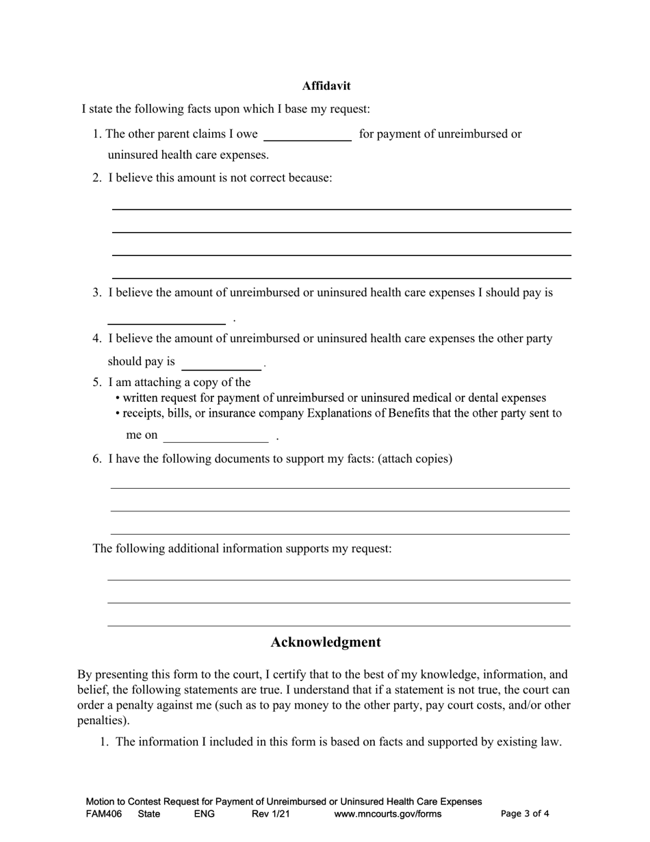 Form FAM406 Notice of Motion, Motion and Affidavit to Contest Request for Payment of Unreimbursed or Uninsured Health Care Expenses - Minnesota, Page 3