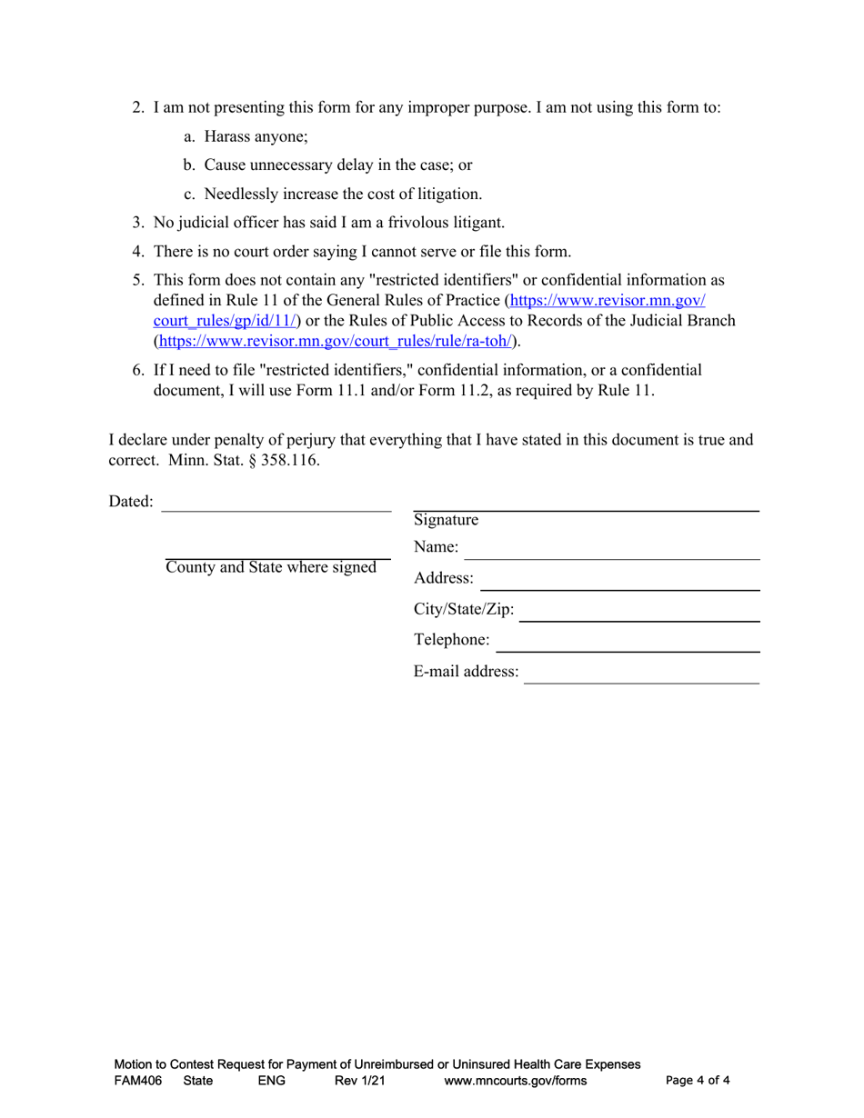 Form FAM406 Notice of Motion, Motion and Affidavit to Contest Request for Payment of Unreimbursed or Uninsured Health Care Expenses - Minnesota, Page 4