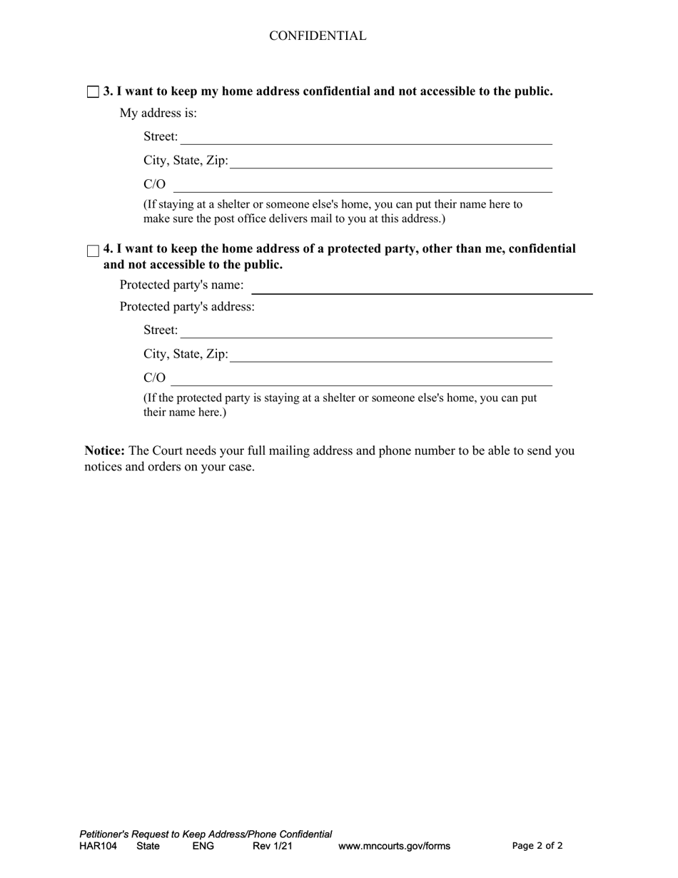 Form HAR104 Petitioners Request to Keep Address / Phone Confidential - Minnesota, Page 2