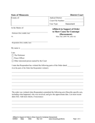 Document preview: Form HAR501 Affidavit in Support of Order to Show Cause for Contempt (Harassment) - Minnesota