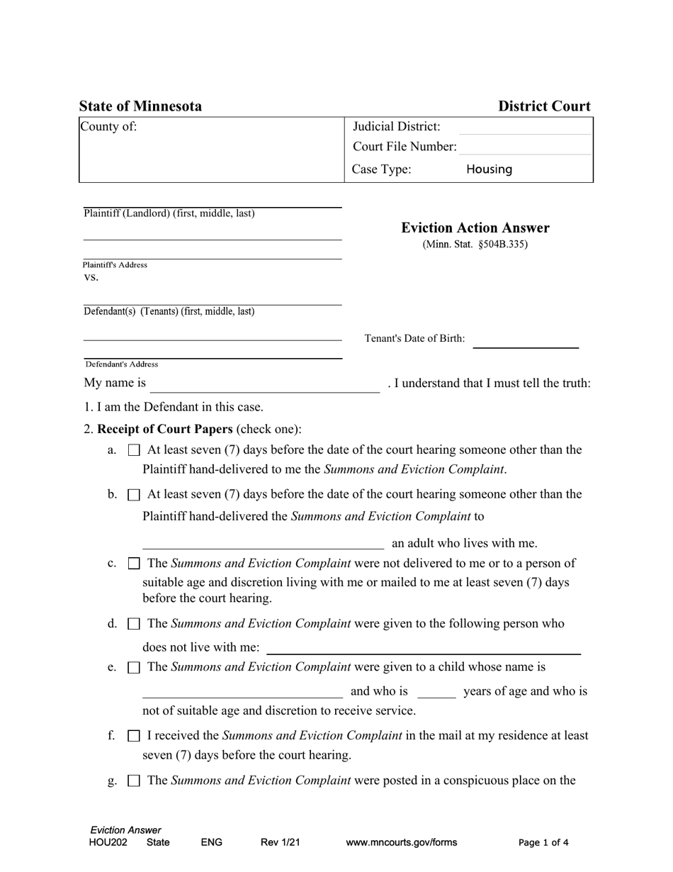 Form HOU202 Eviction Action Answer - Minnesota, Page 1