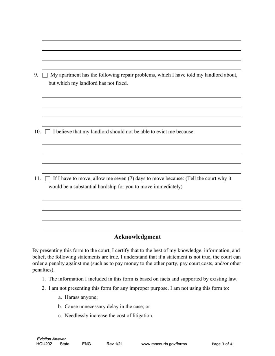 Form HOU202 Eviction Action Answer - Minnesota, Page 3