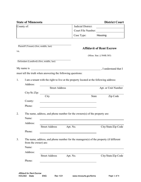 Form HOU302 Affidavit of Rent Escrow - Minnesota