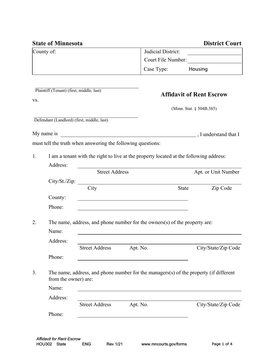 Form HOU302 Affidavit of Rent Escrow - Minnesota, Page 1