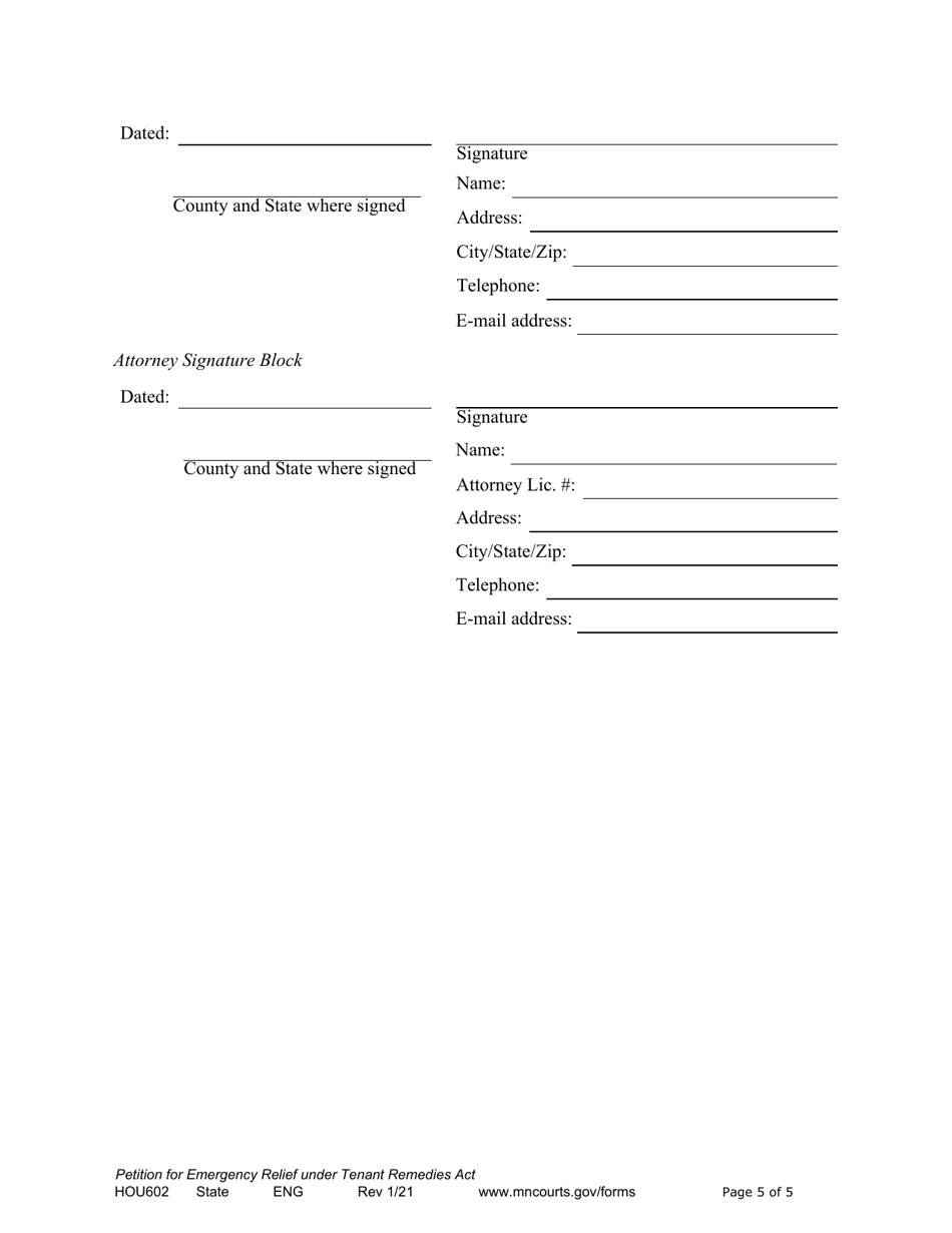 Form HOU602 Petition for Emergency Relief Under Tenant Remedies Act - Minnesota, Page 5