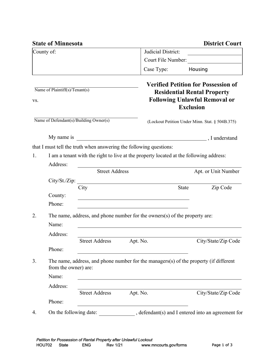 Form HOU702 Verified Petition for Possession of Residential Rental Property Following Unlawful Removal or Exclusion - Minnesota, Page 1