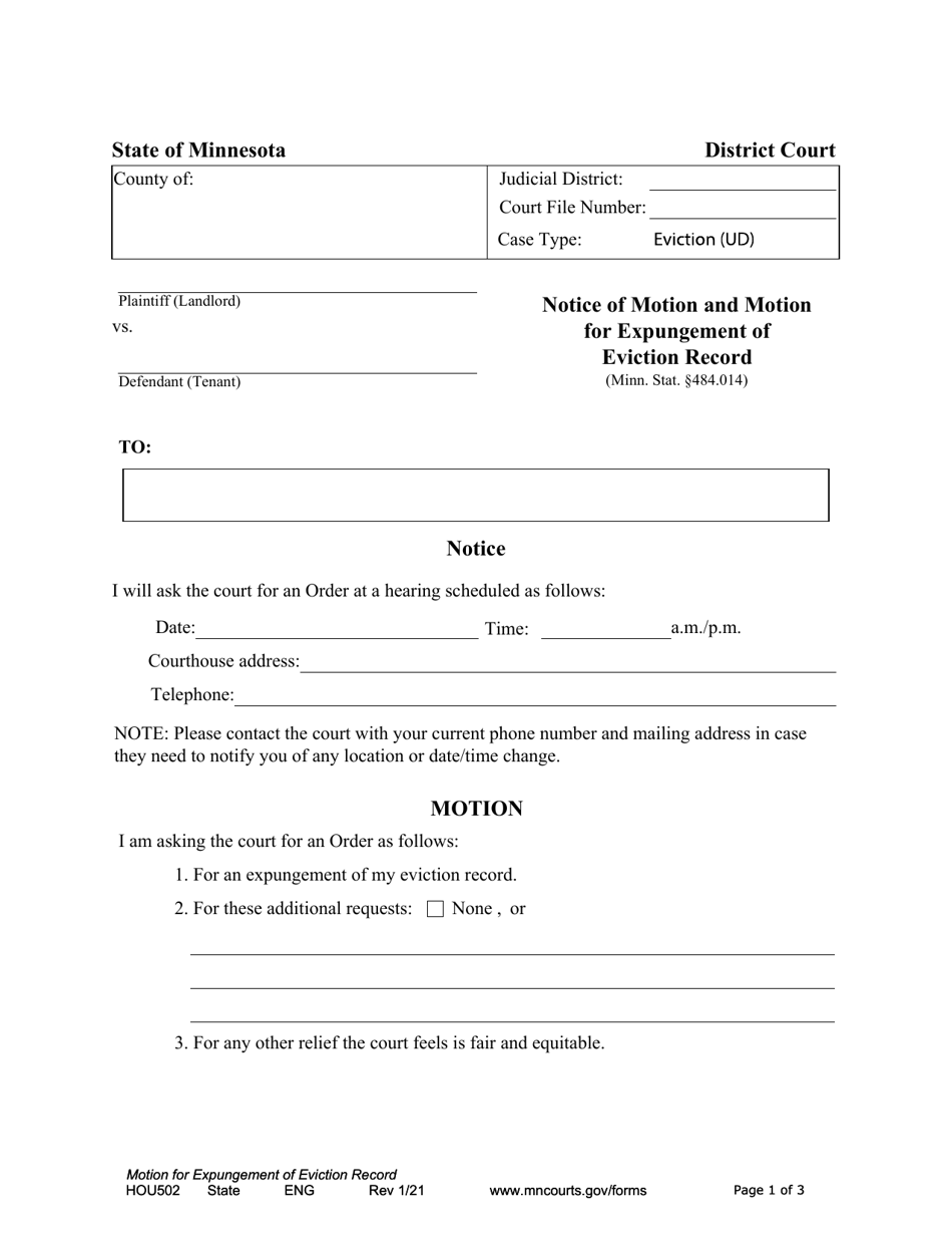 Form HOU502 Notice of Motion and Motion for Expungement of Eviction Record - Minnesota, Page 1