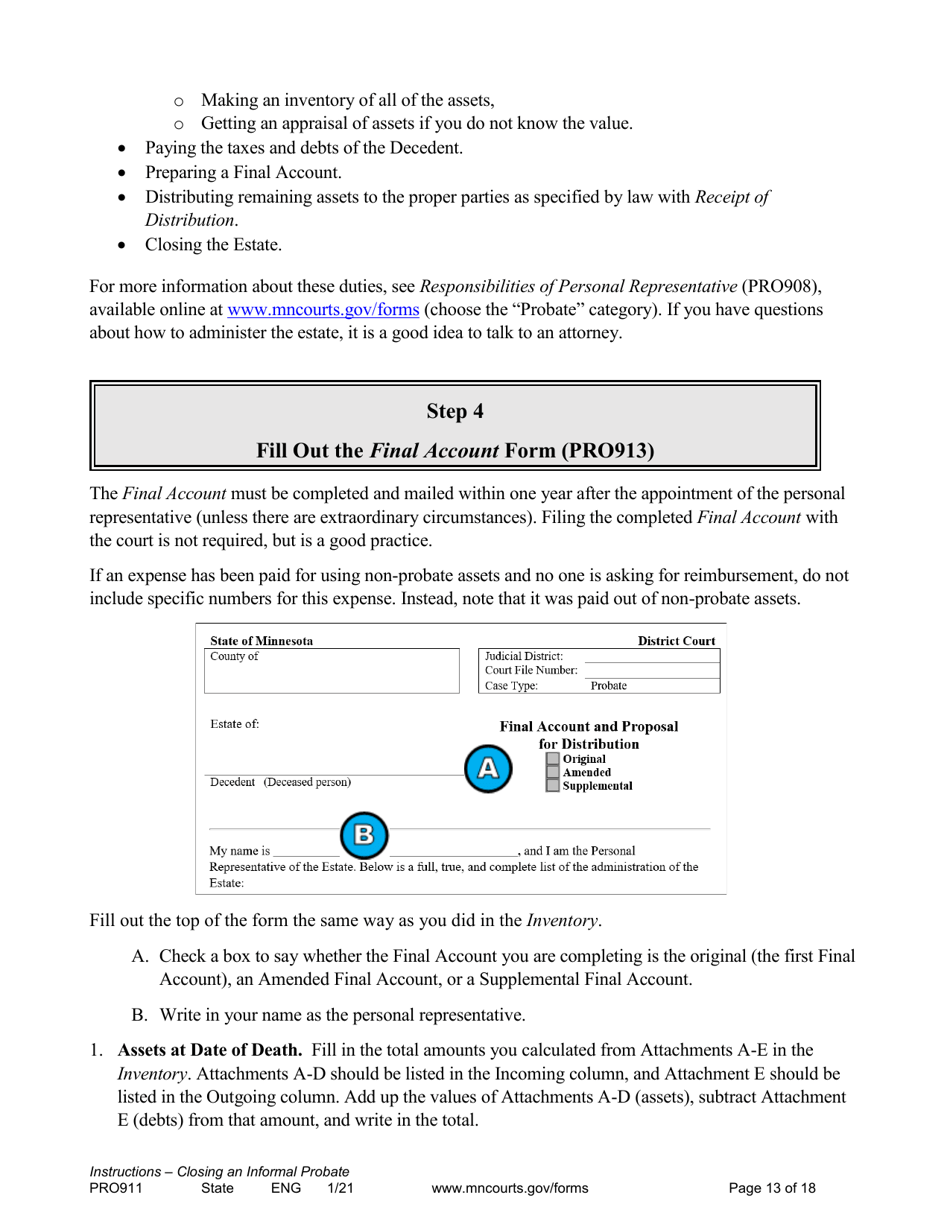 Form PRO911 Instructions for Closing an Informal Probate (With or Without a Will) - Minnesota, Page 13