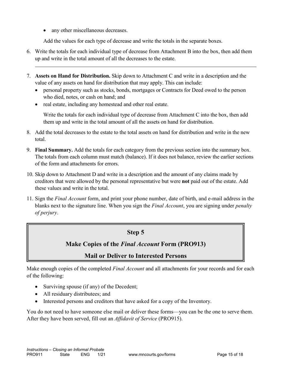 Form PRO911 Instructions for Closing an Informal Probate (With or Without a Will) - Minnesota, Page 15