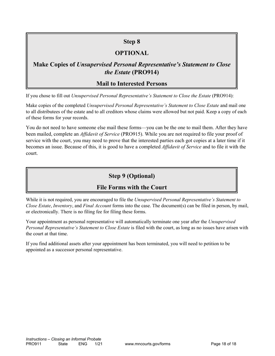 Form PRO911 Instructions for Closing an Informal Probate (With or Without a Will) - Minnesota, Page 18