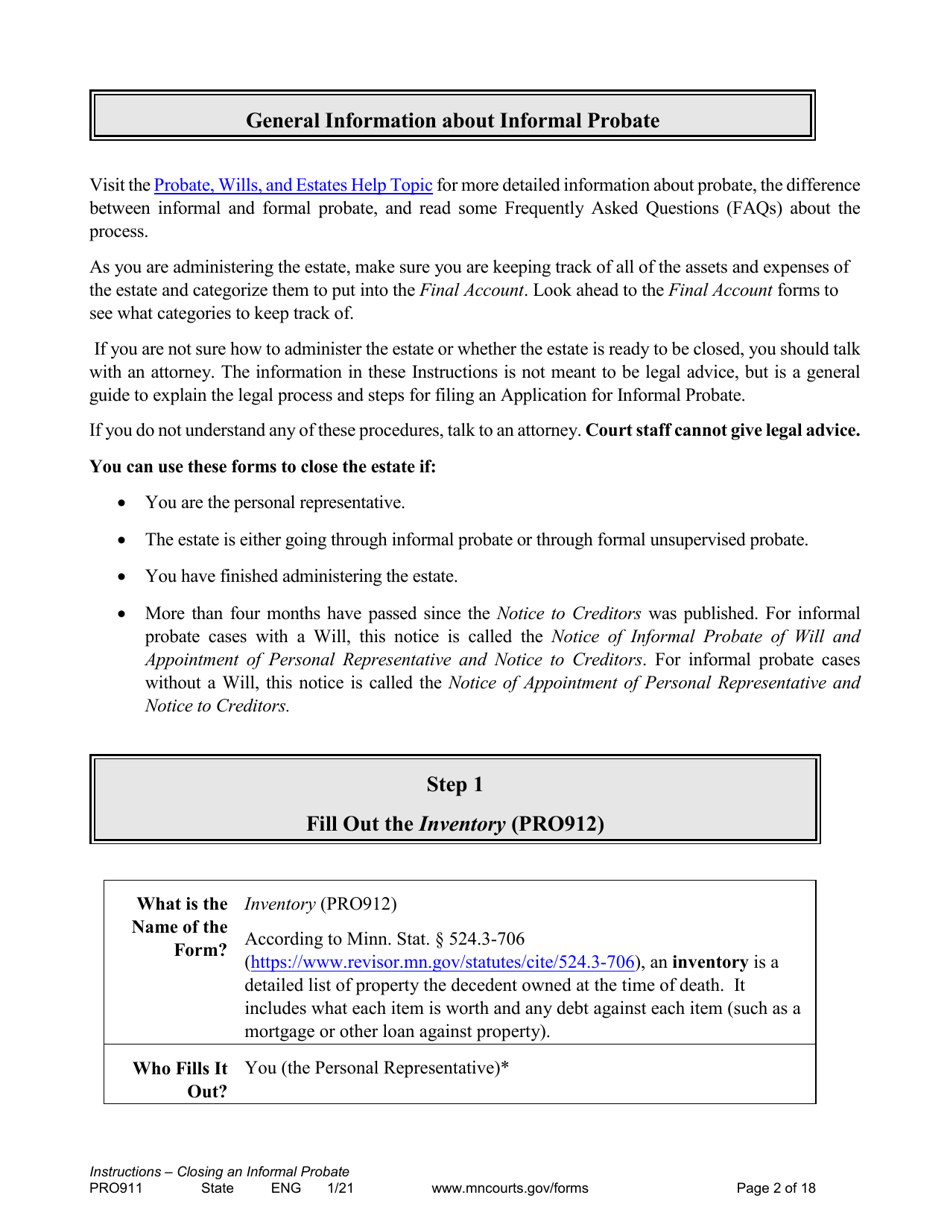 Form PRO911 Instructions for Closing an Informal Probate (With or Without a Will) - Minnesota, Page 2