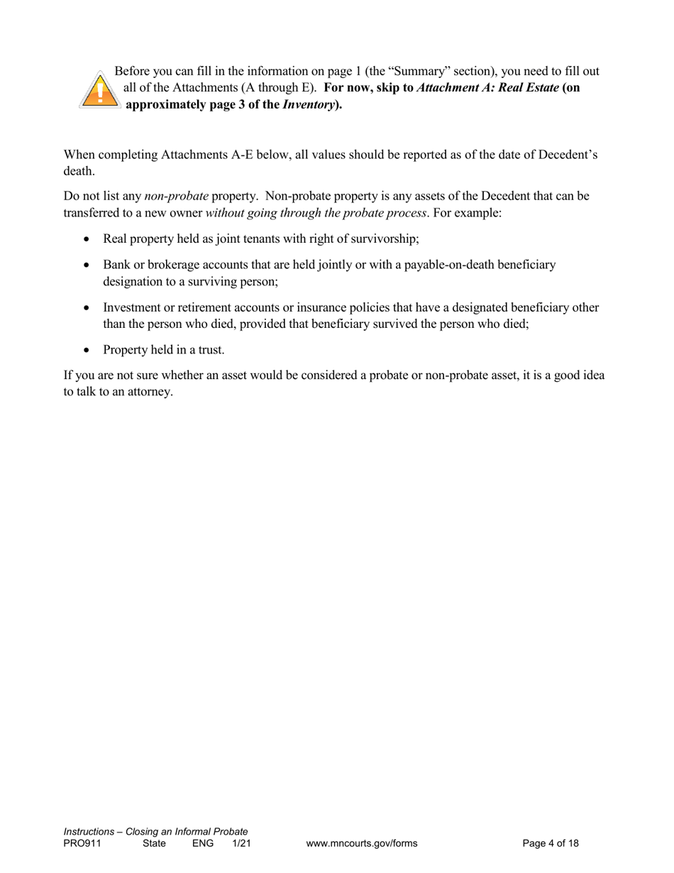 Form PRO911 Instructions for Closing an Informal Probate (With or Without a Will) - Minnesota, Page 4