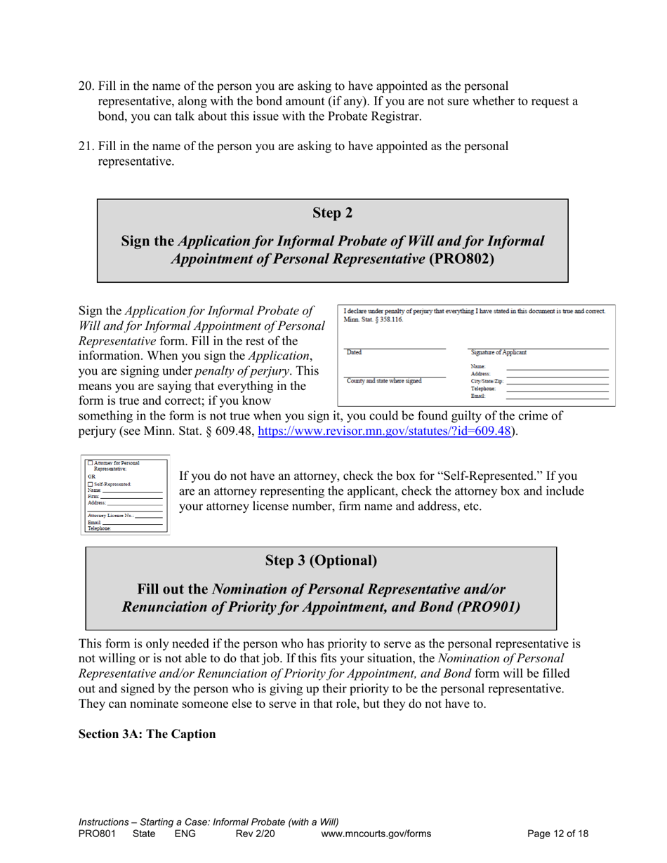 Form PRO801 Instructions for Starting a Case: Informal Probate With a Will - Minnesota, Page 12