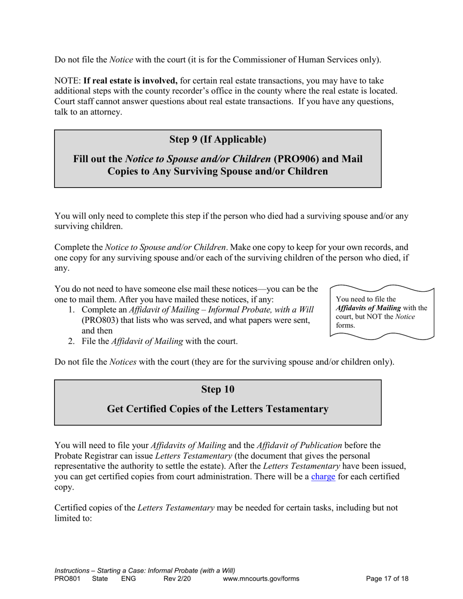 Form PRO801 Instructions for Starting a Case: Informal Probate With a Will - Minnesota, Page 17