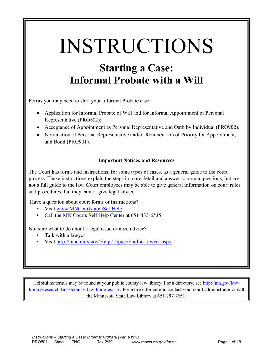 Form PRO801 Instructions for Starting a Case: Informal Probate With a Will - Minnesota, Page 1