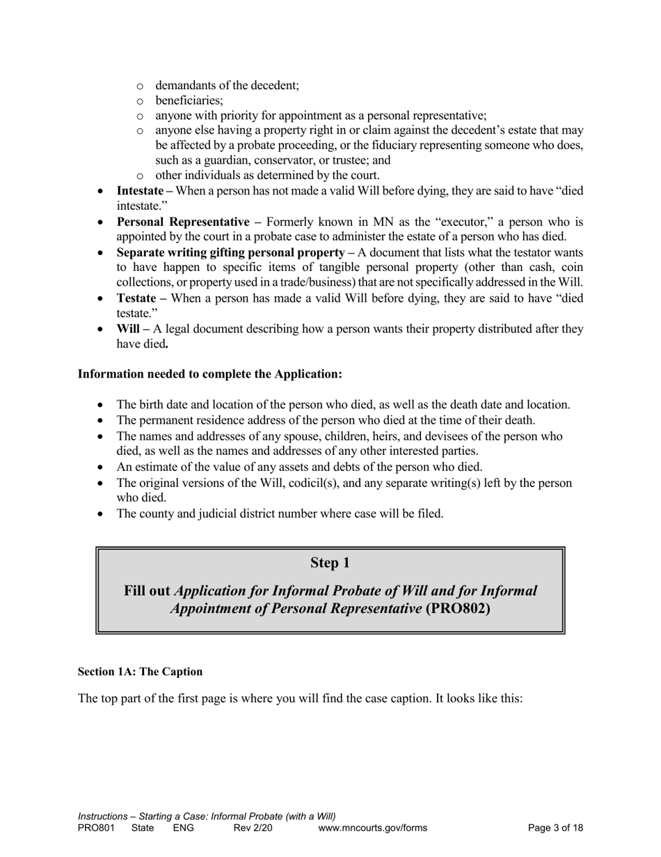 Form PRO801 Instructions for Starting a Case: Informal Probate With a Will - Minnesota, Page 3