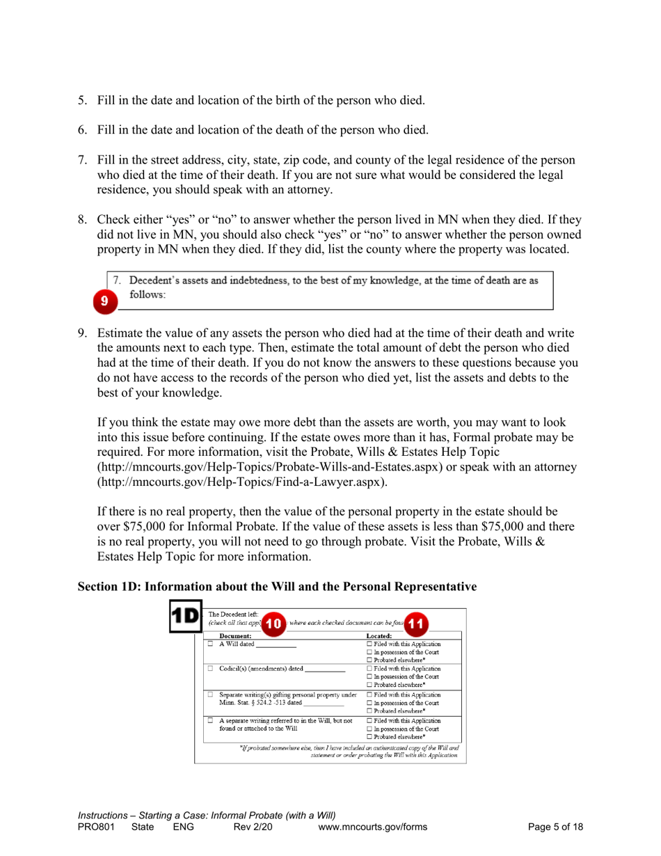 Form PRO801 Instructions for Starting a Case: Informal Probate With a Will - Minnesota, Page 5
