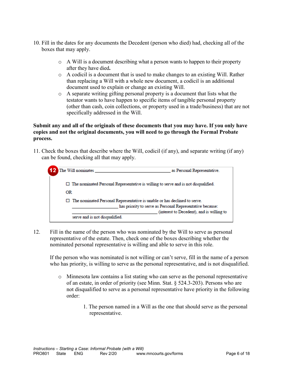 Form PRO801 Instructions for Starting a Case: Informal Probate With a Will - Minnesota, Page 6