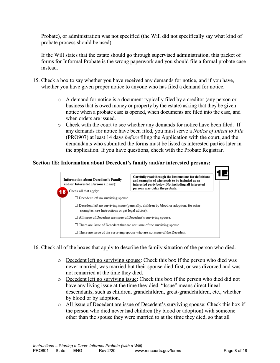 Form PRO801 Instructions for Starting a Case: Informal Probate With a Will - Minnesota, Page 8
