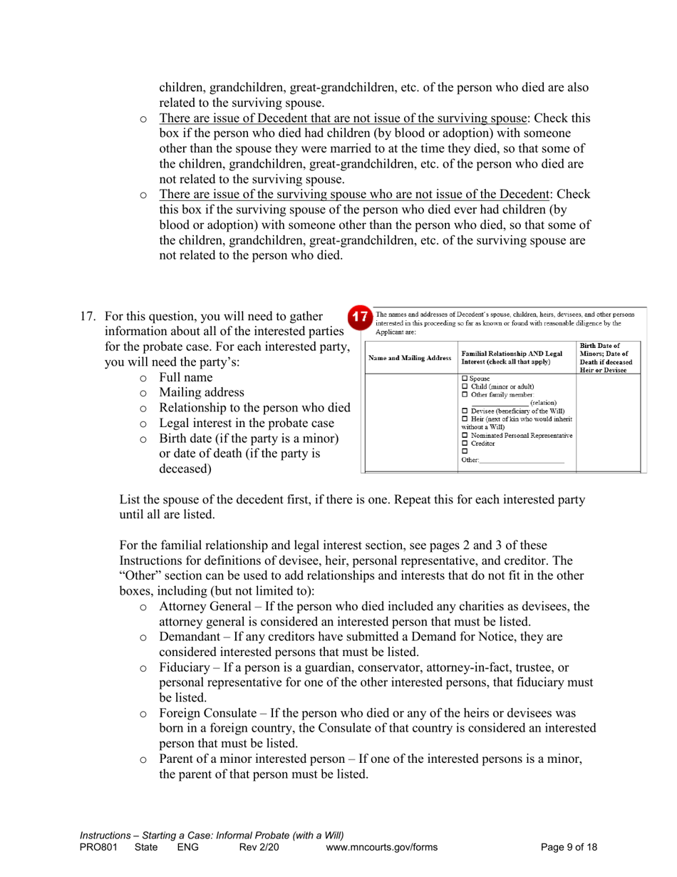 Form PRO801 Instructions for Starting a Case: Informal Probate With a Will - Minnesota, Page 9