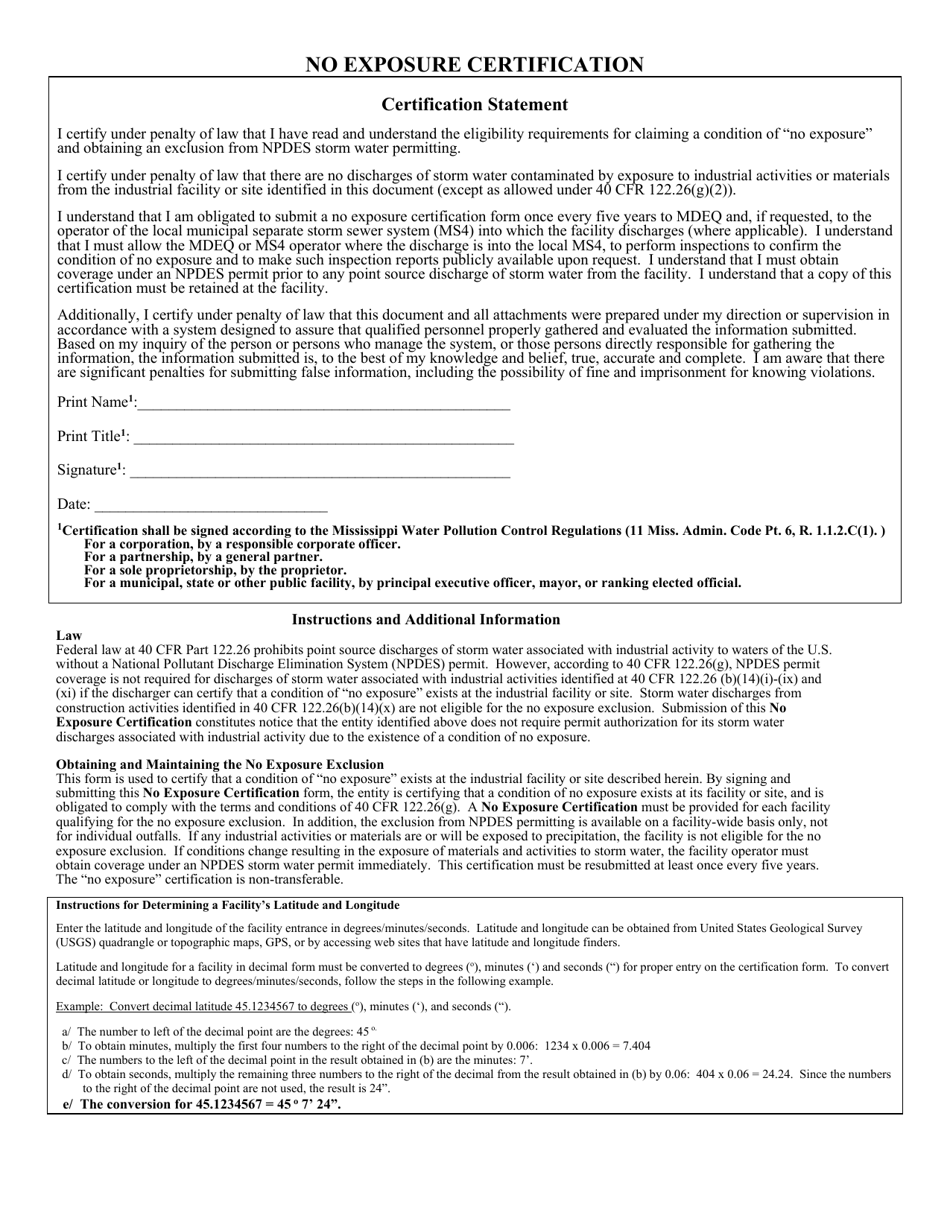 No Exposure Certification for Exclusion From Npdes Storm Water Permitting - Mississippi, Page 3