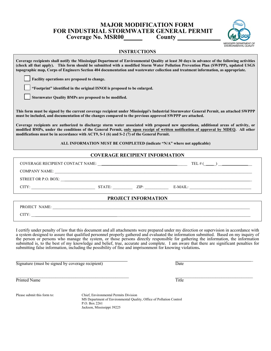 Major Modification Form for Industrial Stormwater General Permit - Mississippi, Page 1