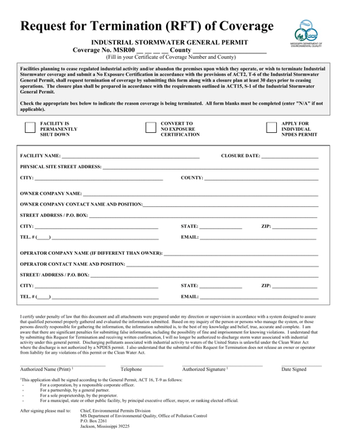 Industrial Stormwater General Permit - Request for Termination (Rft) of Coverage - Mississippi Download Pdf