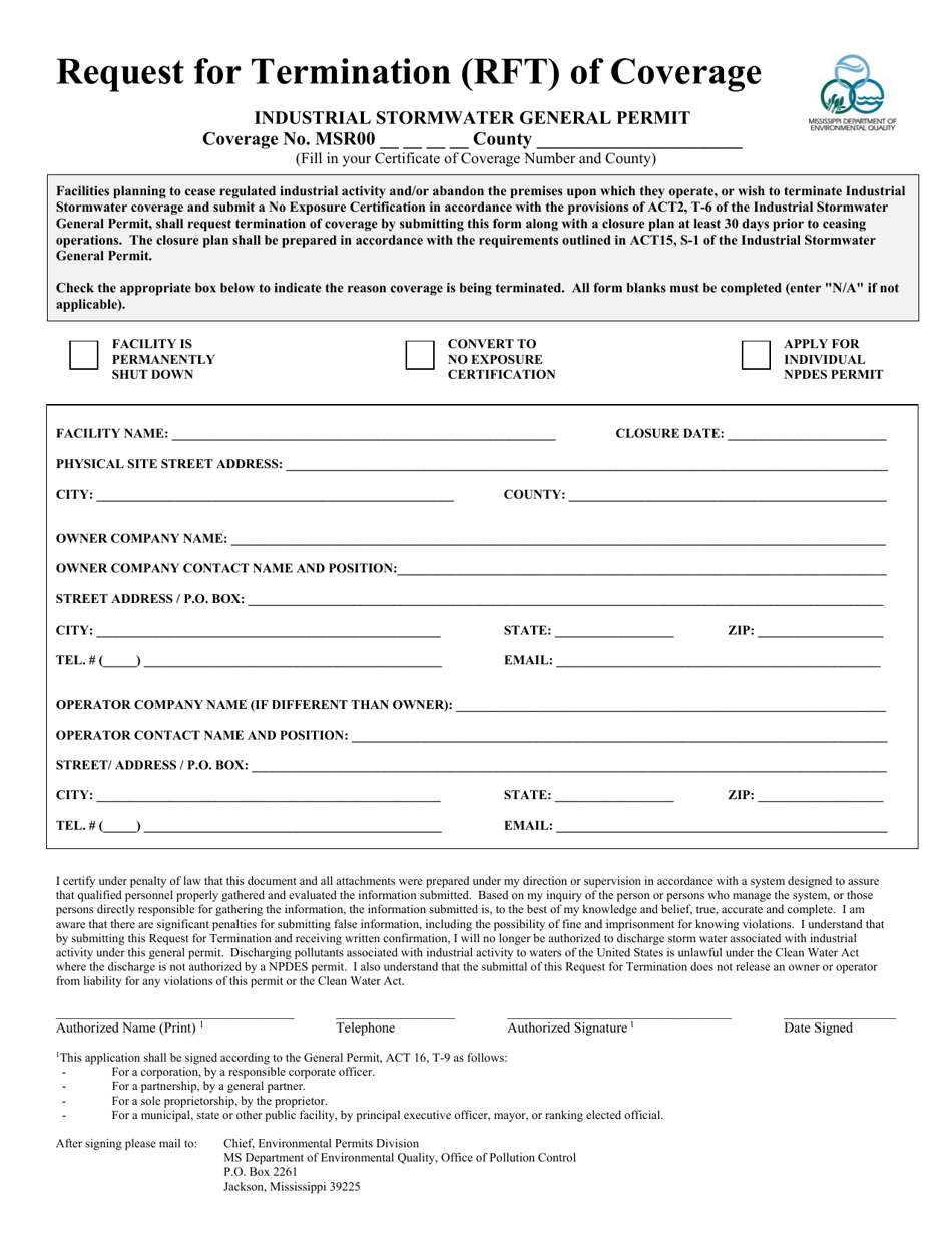 Industrial Stormwater General Permit - Request for Termination (Rft) of Coverage - Mississippi, Page 1