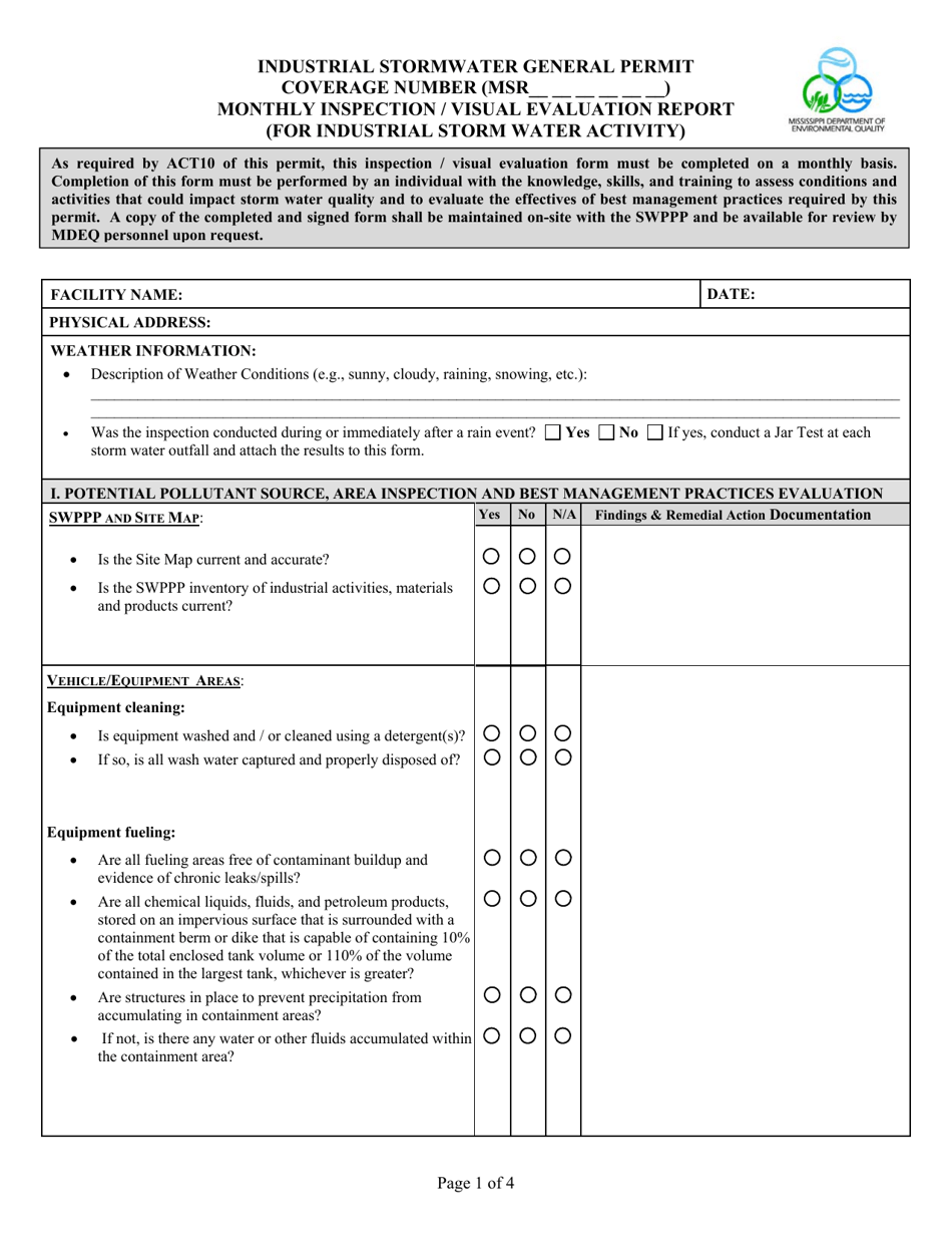 Industrial Stormwater General Permit - Monthly Inspection / Visual Evaluation Report (For Industrial Storm Water Activity) - Mississippi, Page 1