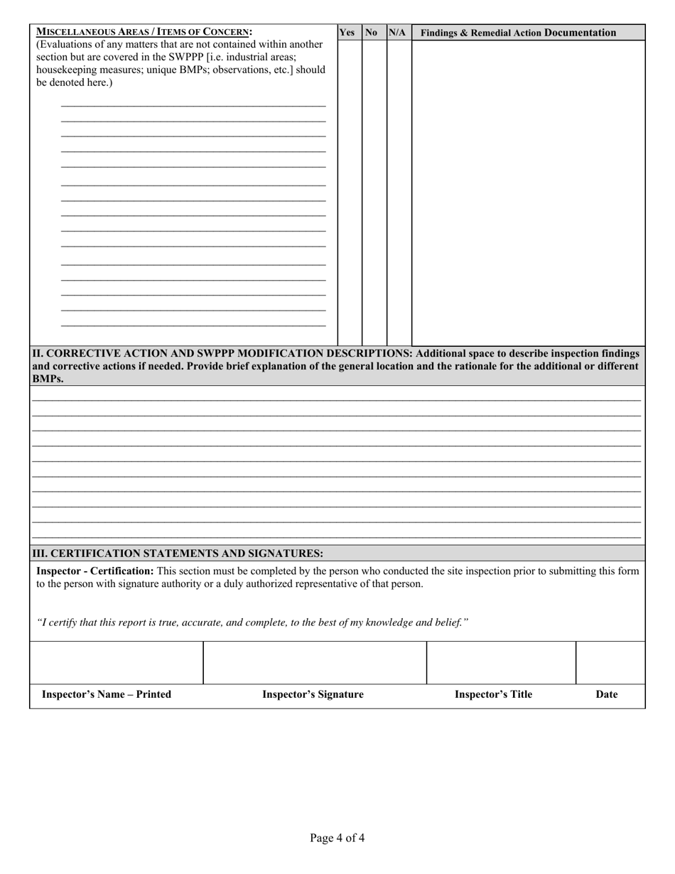 Industrial Stormwater General Permit - Monthly Inspection / Visual Evaluation Report (For Industrial Storm Water Activity) - Mississippi, Page 4