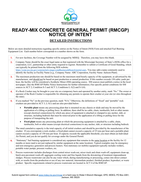 Instructions for Ready-Mix Concrete Notice of Intent - Mississippi Download Pdf