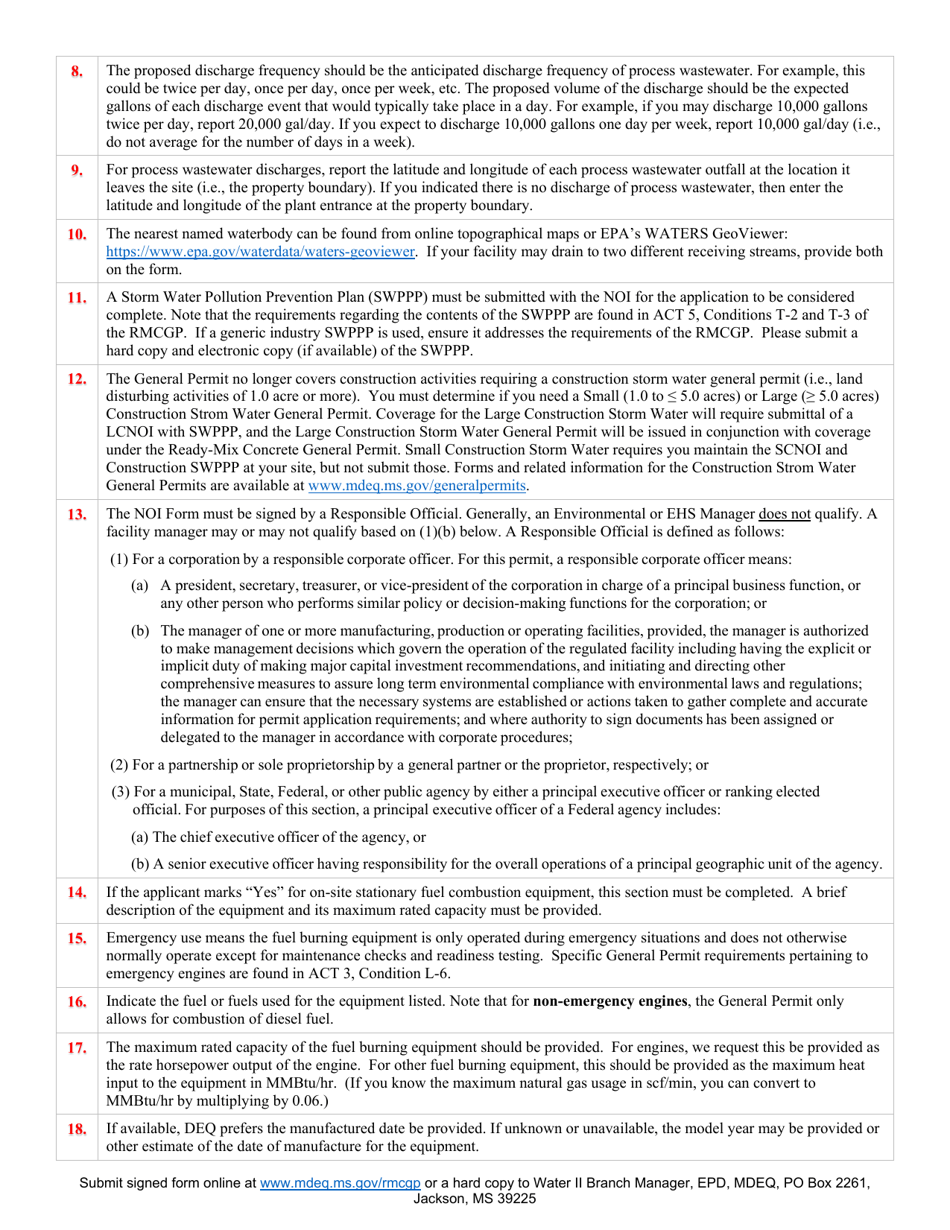 Instructions for Ready-Mix Concrete Notice of Intent - Mississippi, Page 2