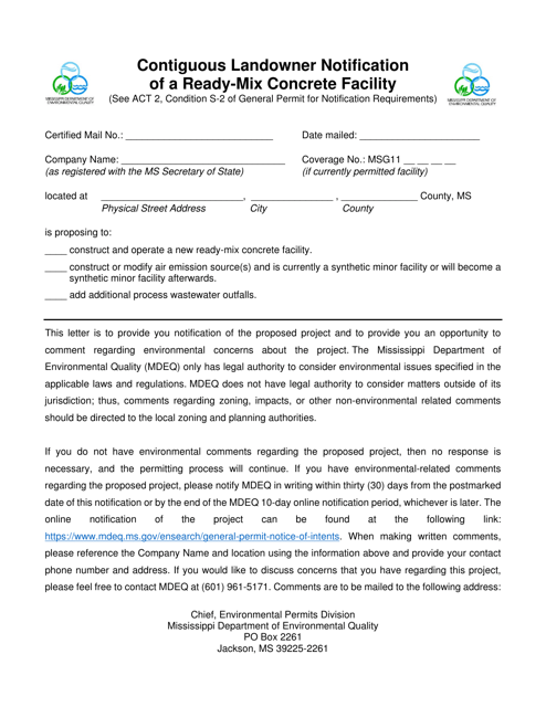 Contiguous Landowner Notification of a Ready-Mix Concrete Facility - Mississippi Download Pdf