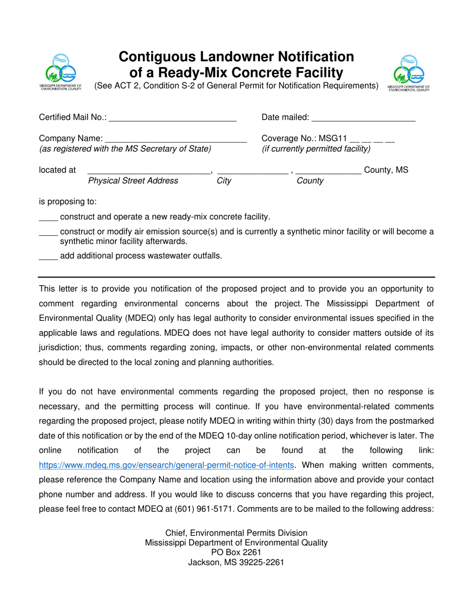 Contiguous Landowner Notification of a Ready-Mix Concrete Facility - Mississippi, Page 1