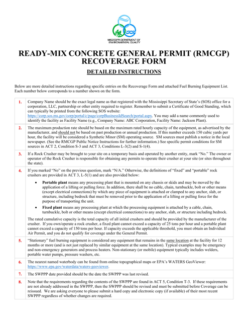 Instructions for Ready-Mix Concrete Recoverage Form - Mississippi Download Pdf